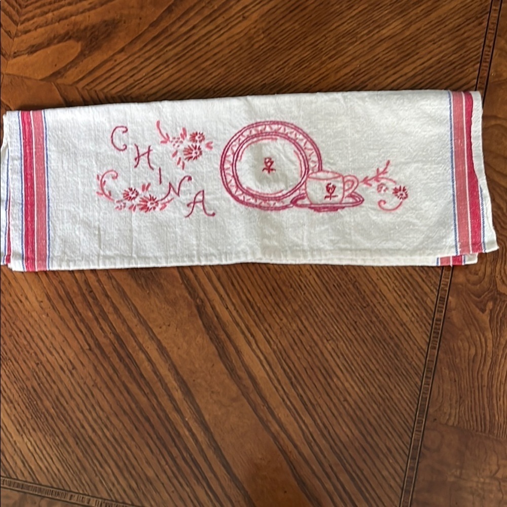 Embroidered China Tea Towel Cream Red and Pink